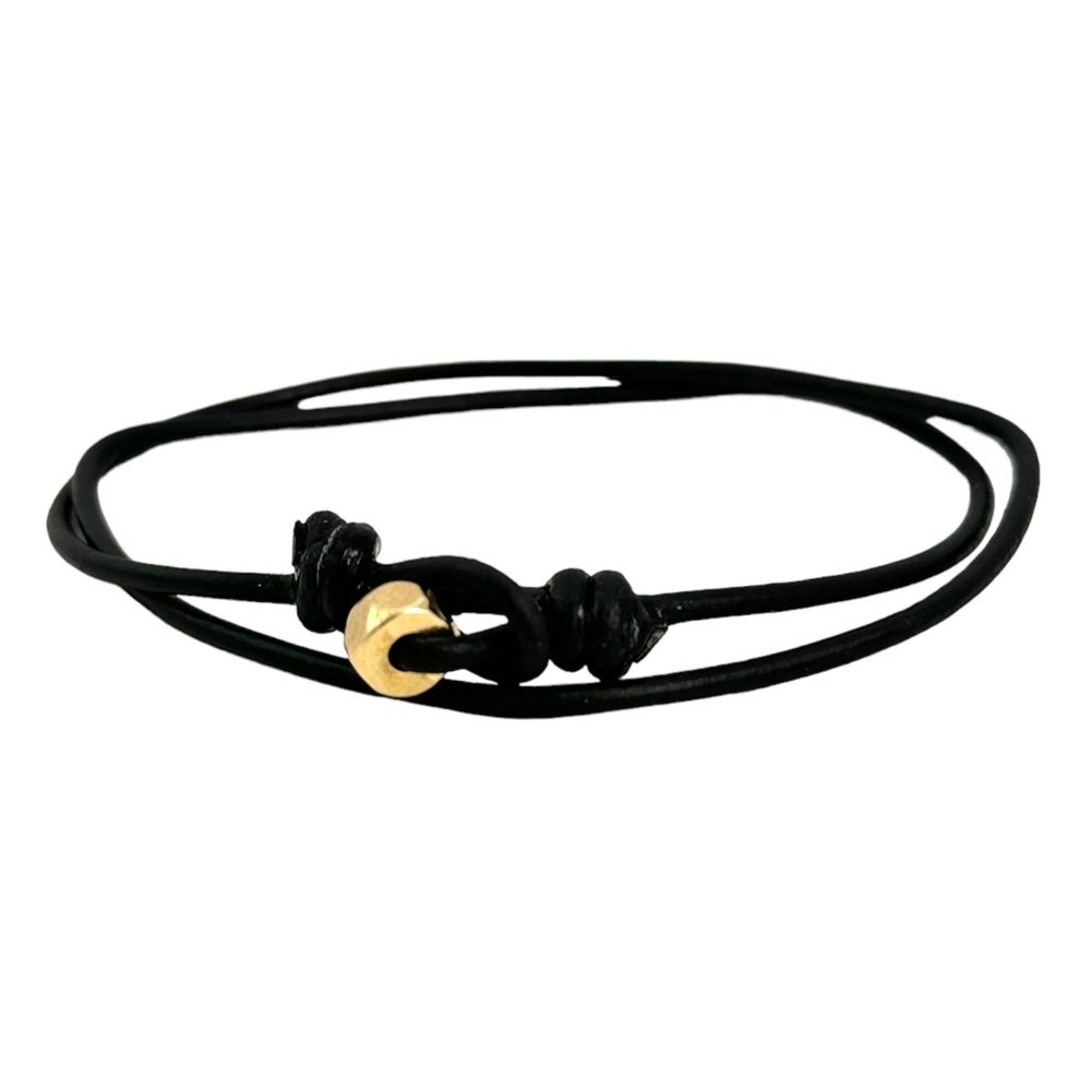 NOV9M®️ 2mm Black Greek Leather with Gold Tone Mixed Metal Hex Nut Bracelet